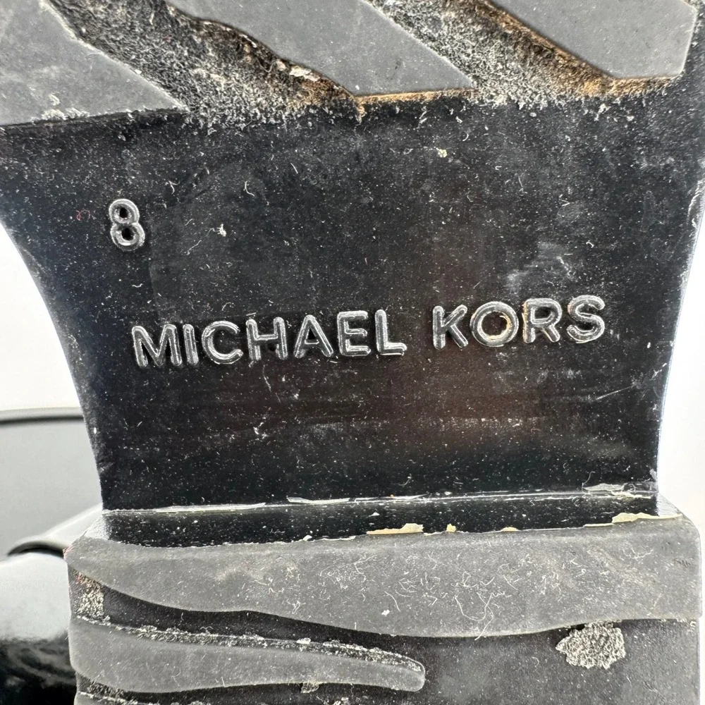 Michael Kors Black Rubber Rain Boots MK Logo Harness Moto Mid Calf Womens 8